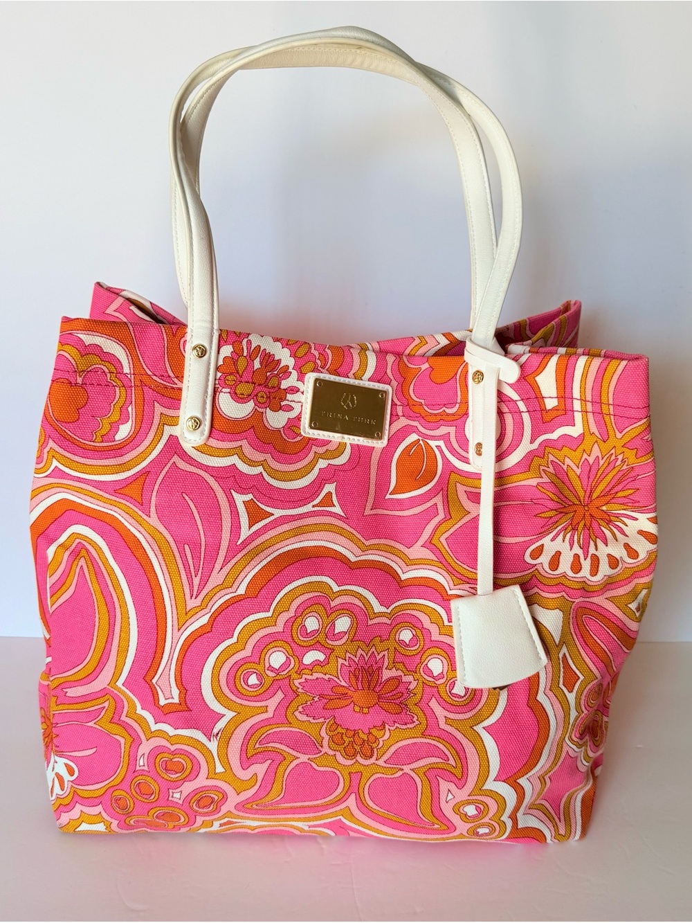 Trina Turk Orange and Pink Floral Print Canvas Tote Bag